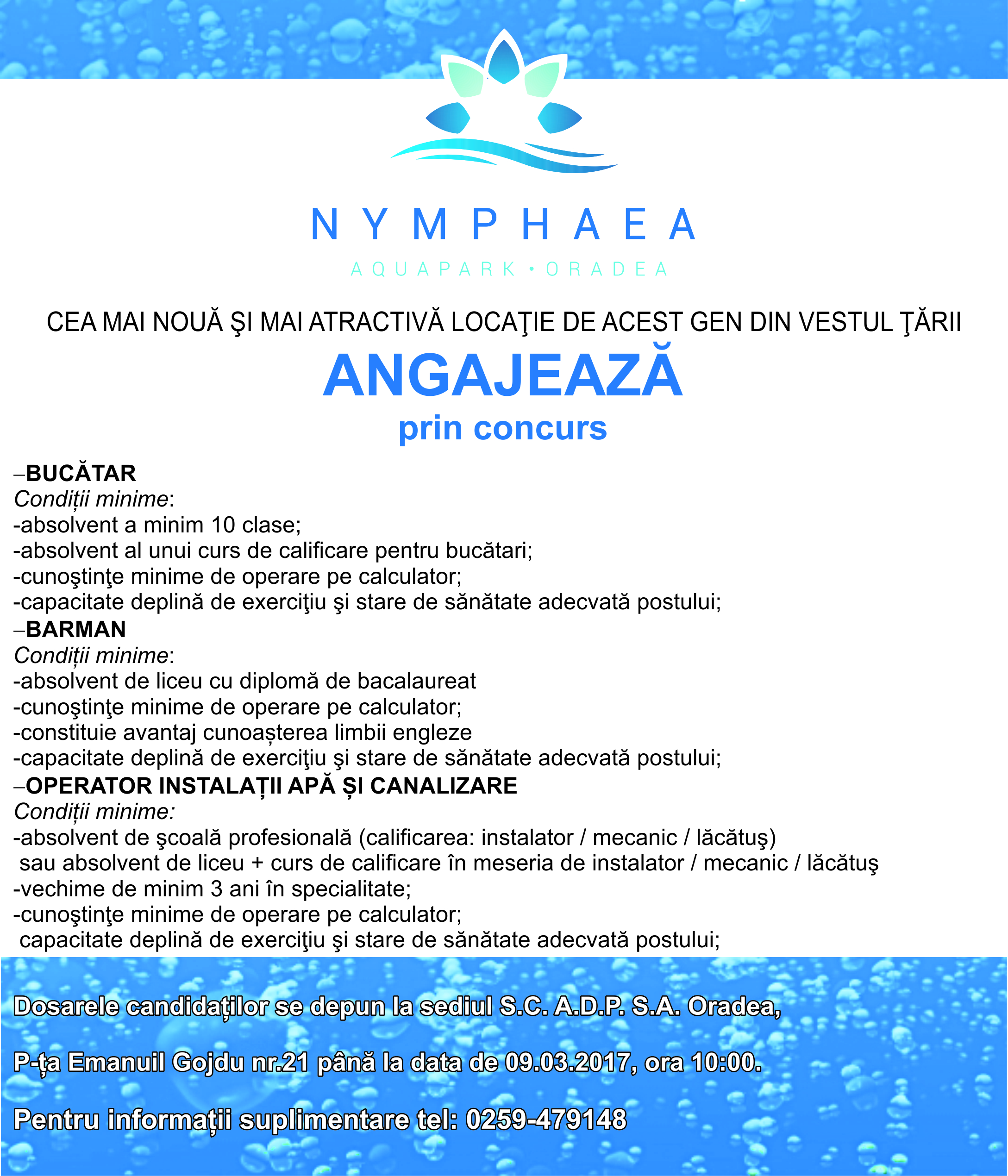 Concurs de angajare posturi bucatar, barman, operator instalatii de apa si canalizare.